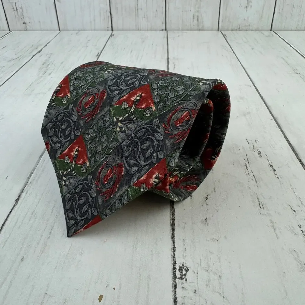 VTG Christian Dior Monsieur Grey/Red Silk Lighthouse & Bird Print Neck Tie Mens